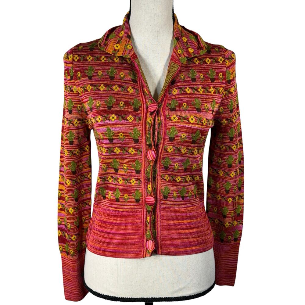 Zara Small Cardigan Button-Up Stretch Cactus Floral Collared Long Sleeves Multi